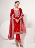 Red Velvet Embroidered Trendy Salwar Kameez for Ceremonial - 2