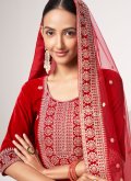 Red Velvet Embroidered Trendy Salwar Kameez for Ceremonial - 3