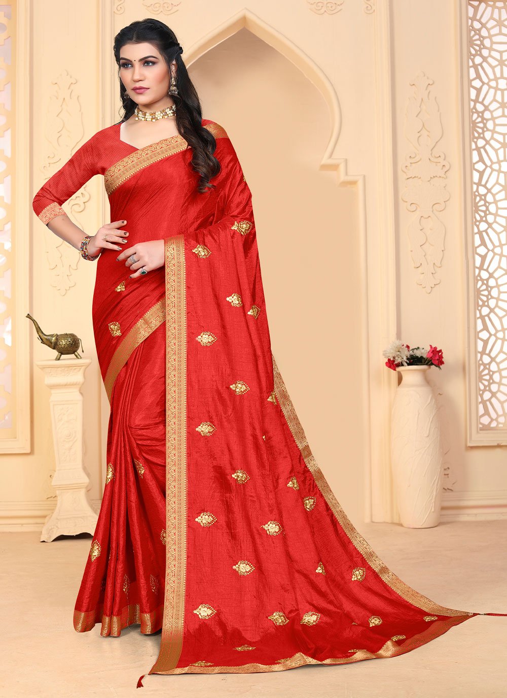 Red Vichitra Silk Border Classic Designer Saree for Casual