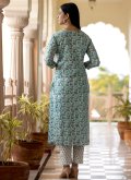 Remarkable Aqua Blue Cotton  Embroidered Trendy Salwar Kameez - 1