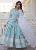 Remarkable Aqua Blue Faux Georgette Embroidered Designer Gown for Ceremonial - 1