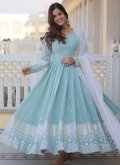 Remarkable Aqua Blue Faux Georgette Embroidered Designer Gown for Ceremonial - 2