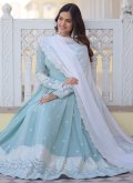 Remarkable Aqua Blue Faux Georgette Embroidered Designer Gown for Ceremonial - 3