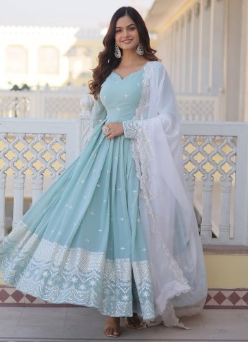 Remarkable Aqua Blue Faux Georgette Embroidered Designer Gown for Ceremonial