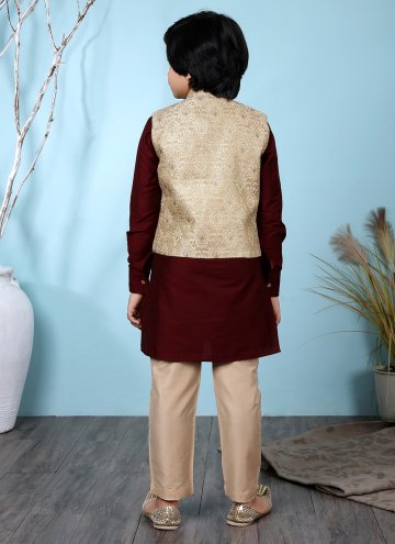 Remarkable Beige and Maroon Cotton Silk Jacquard Work Kurta Payjama With Jacket