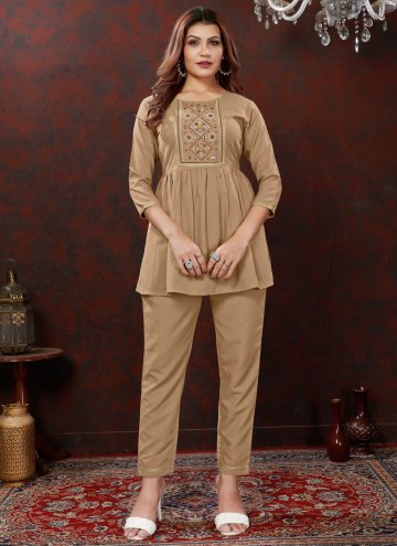 Remarkable Beige Cotton  Embroidered Casual Kurti for Casual