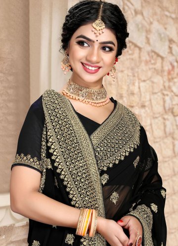 Remarkable Black Georgette Embroidered Contemporary Saree for Festival