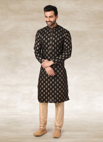 Remarkable Black Handloom Cotton Printed Kurta Pyjama for Engagement