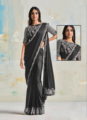 Remarkable Black Satin Silk Embroidered Designer Saree