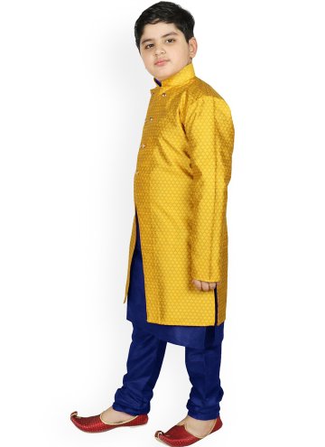 Remarkable Blue and Yellow Art Dupion Silk Fancy work Jacket Style