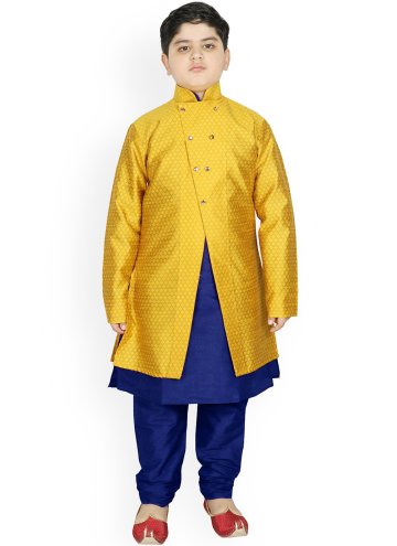 Remarkable Blue and Yellow Art Dupion Silk Fancy work Jacket Style