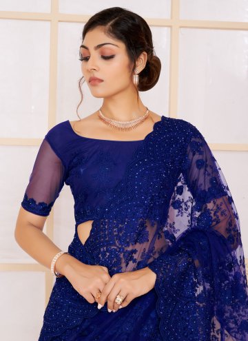 Remarkable Blue Net Embroidered Trendy Saree