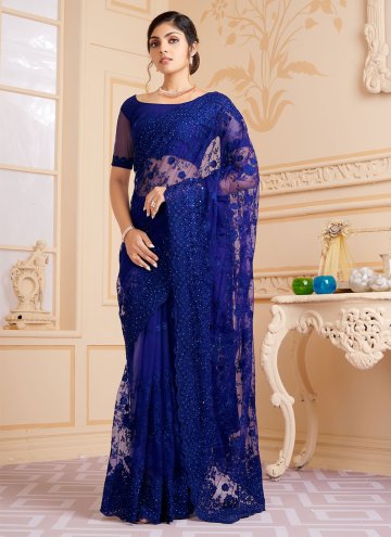 Remarkable Blue Net Embroidered Trendy Saree