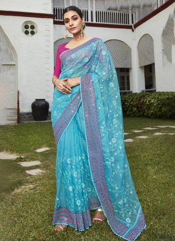 Remarkable Blue Organza Embroidered Trendy Saree