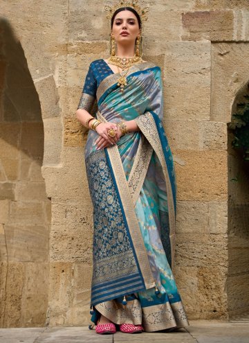 Remarkable Blue Silk Woven Designer Saree for Cere