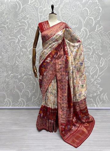 Remarkable Cream and Maroon Silk Woven Contemporary Saree