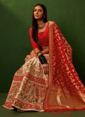 Remarkable Cream and Red Silk Embroidered A Line Lehenga Choli - 1