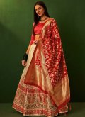 Remarkable Cream and Red Silk Embroidered A Line Lehenga Choli - 3