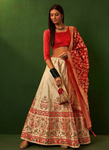 Remarkable Cream and Red Silk Embroidered A Line Lehenga Choli