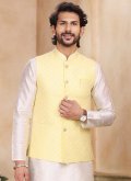 Remarkable Cream and Yellow Banarasi Fancy work Kurta Payjama With Jacket - 1