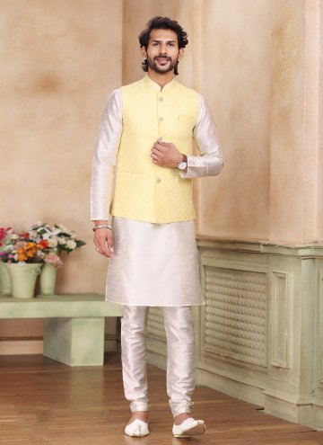 Remarkable Cream and Yellow Banarasi Fancy work Kurta Payjama With Jacket