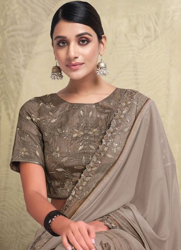 Remarkable Embroidered Brasso Grey Trendy Saree
