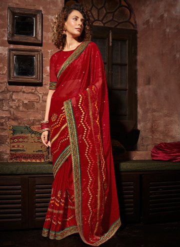 Remarkable Embroidered Chinon Red Contemporary Saree