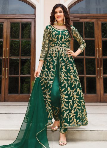 Remarkable Embroidered Net Green Salwar Suit
