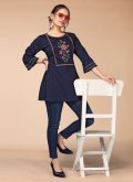 Remarkable Embroidered Viscose Navy Blue Party Wear Kurti - 1