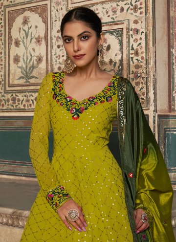 Remarkable Green Georgette Embroidered Designer Gown for Engagement