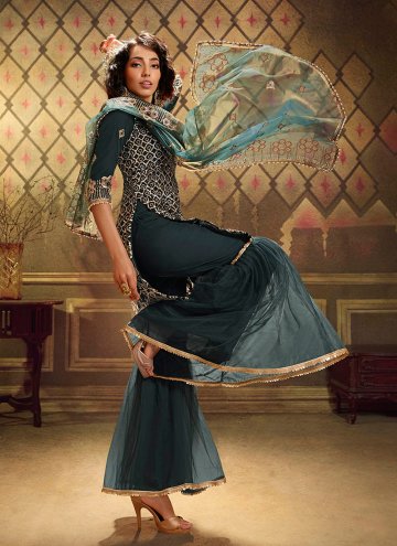 Remarkable Green Net Sequins Work Palazzo Suit for Ceremonial