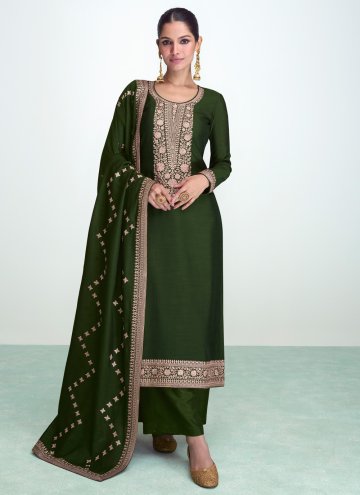 Remarkable Green Silk Embroidered Palazzo Suit for Ceremonial