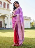 Remarkable Lavender and Red Georgette Woven Designer Saree for Ceremonial - 2