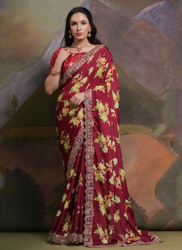 Remarkable Maroon Chinon Embroidered Trendy Saree