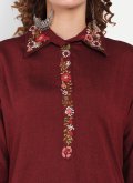 Remarkable Maroon Cotton Silk Embroidered Designer Kurti for Casual - 1