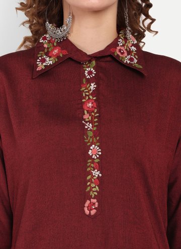 Remarkable Maroon Cotton Silk Embroidered Designer Kurti for Casual