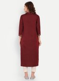 Remarkable Maroon Cotton Silk Embroidered Designer Kurti for Casual - 2