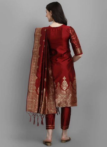 Remarkable Maroon Cotton Silk Woven Salwar Suit
