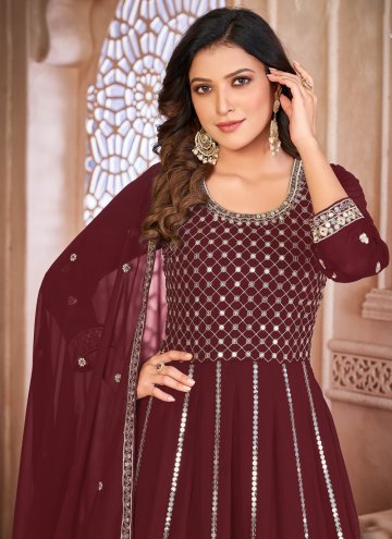 Remarkable Maroon Faux Georgette Embroidered Salwar Suit for Ceremonial