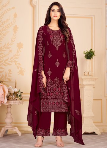 Remarkable Maroon Faux Georgette Embroidered Strai