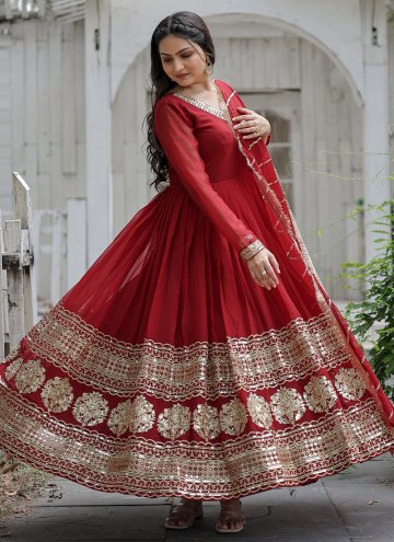 Remarkable Maroon Georgette Embroidered Designer Gown