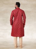 Remarkable Maroon Handloom Cotton Printed Kurta Pyjama - 1