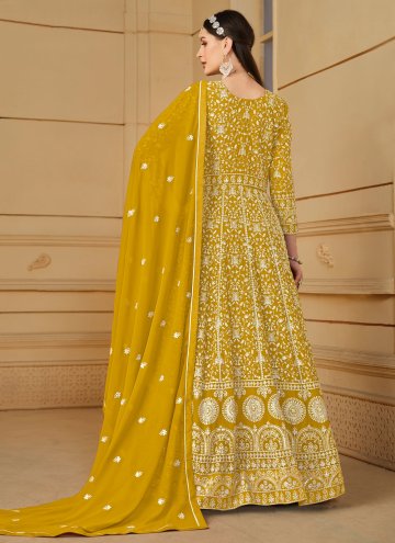 Remarkable Mustard Faux Georgette Embroidered Trendy Salwar Suit