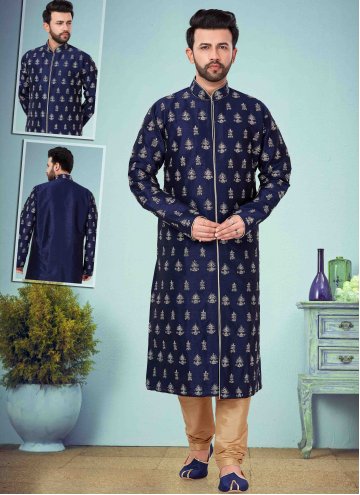 Remarkable Navy Blue Art Dupion Silk Embroidered Kurta Pyjama