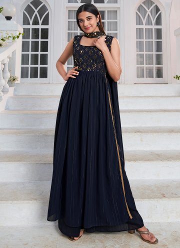 Remarkable Navy Blue Georgette Embroidered Trendy 