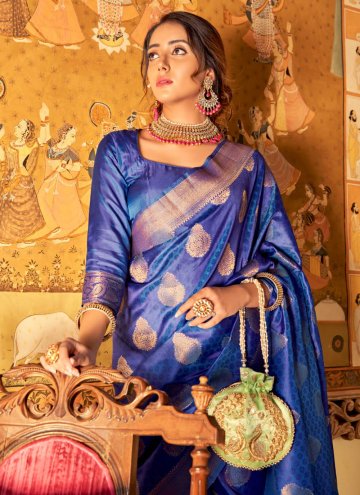Remarkable Navy Blue Handloom Silk Woven Designer Saree