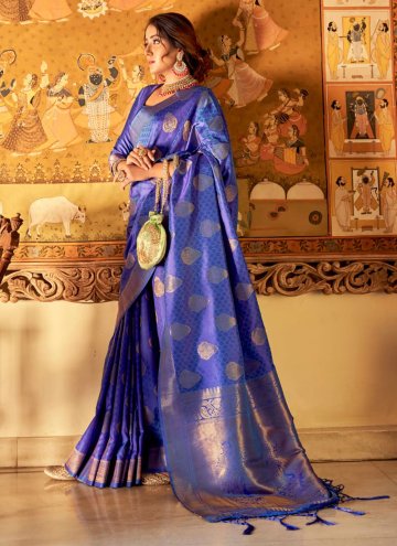 Remarkable Navy Blue Handloom Silk Woven Designer 