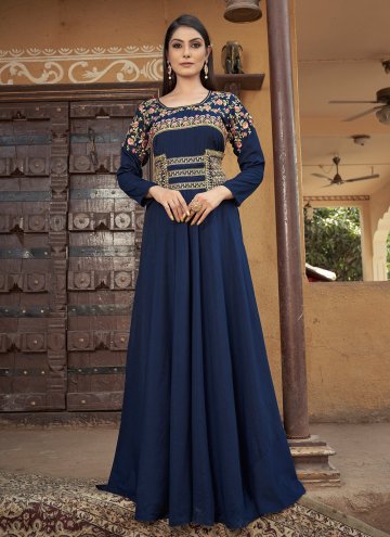 Remarkable Navy Blue Muslin Embroidered Gown