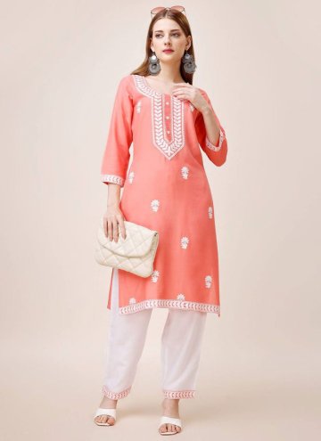 Remarkable Peach Cotton  Embroidered Party Wear Kurti for Casual