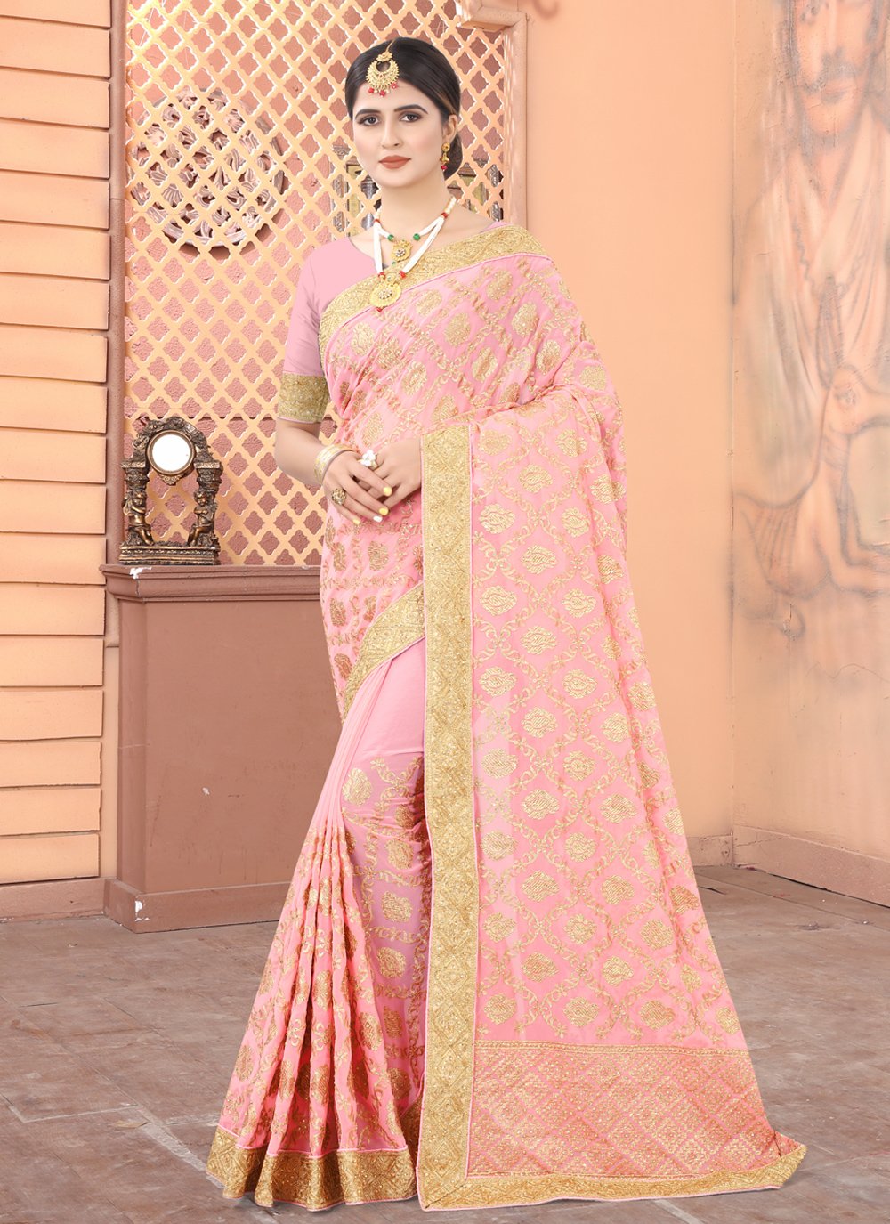 Remarkable Peach Faux Georgette Embroidered Designer Traditional Saree